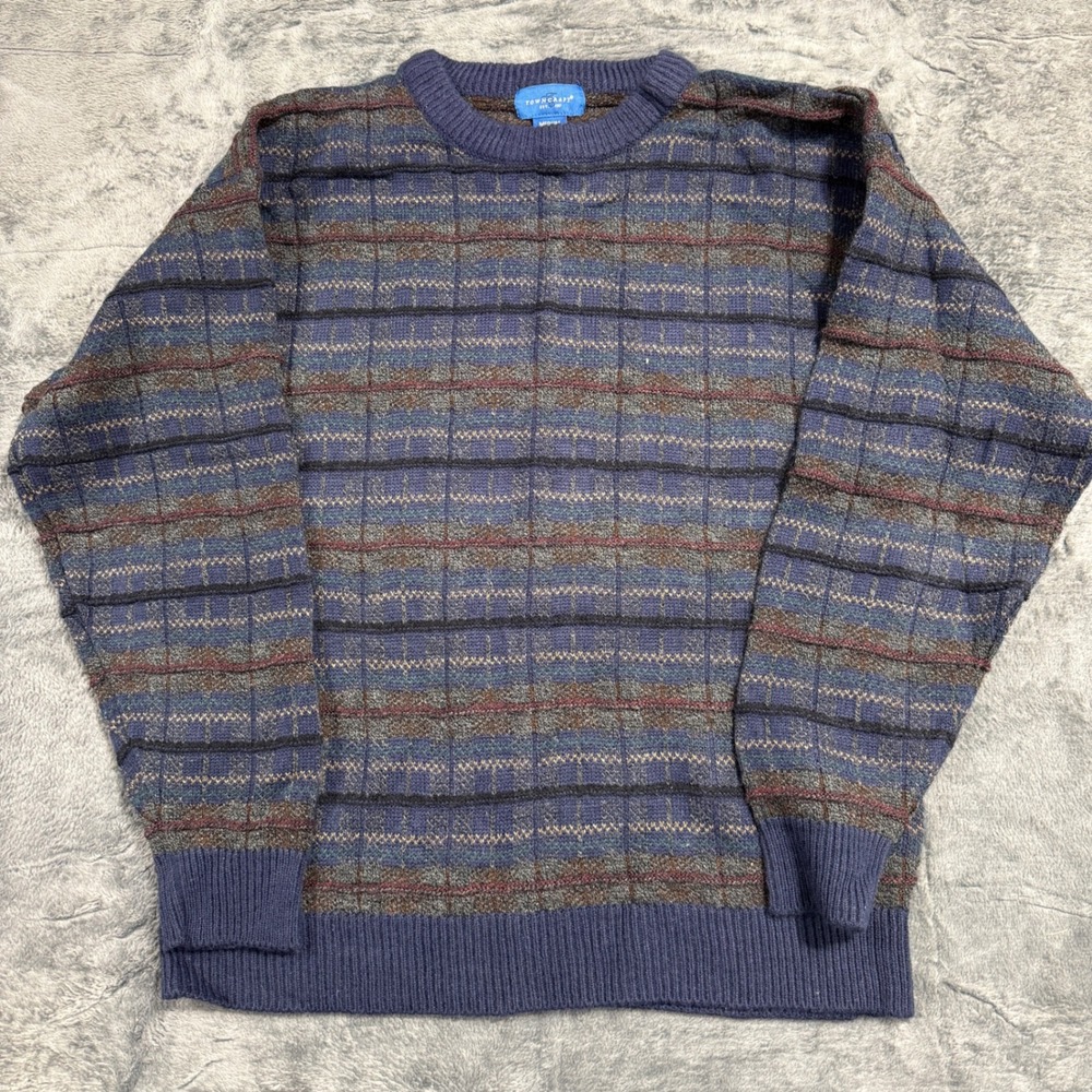 Towncraft Striped Crew Neck‎ Sweater Mens Medium Blue Grey Textured 69906